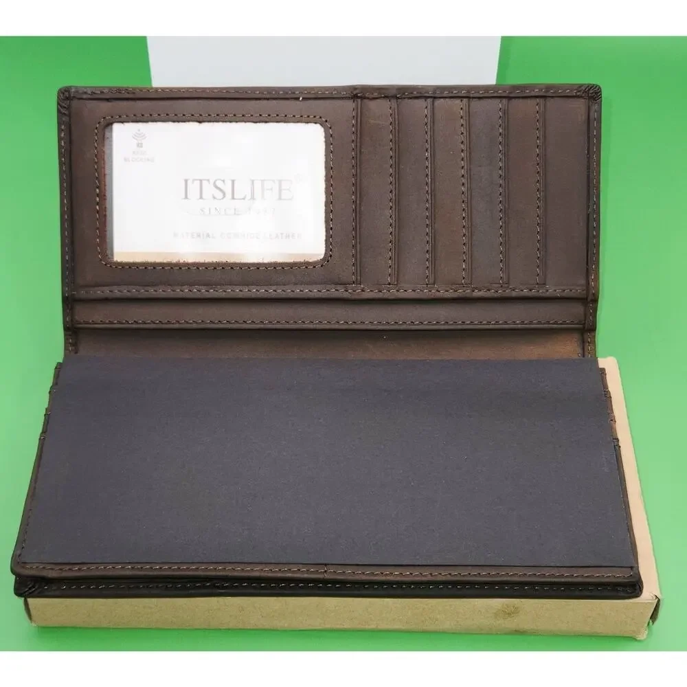 Vintage Brown Leather Long Wallet with Eagle Embossed Design RFID Bifold